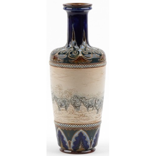  Hannah Barlow for Royal Doulton, Art Nouveau stoneware vase incised with a continuous band of sheep,... 