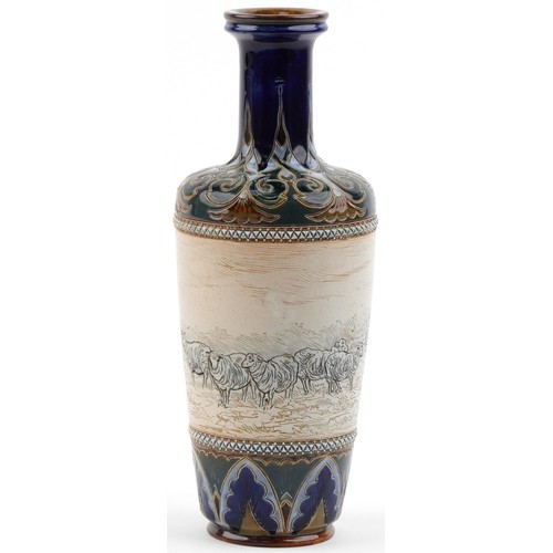  Hannah Barlow for Royal Doulton, Art Nouveau stoneware vase incised with a continuous band of sheep,... 