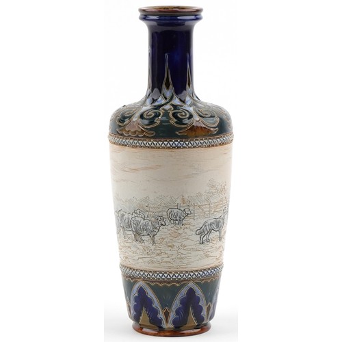  Hannah Barlow for Royal Doulton, Art Nouveau stoneware vase incised with a continuous band of sheep,... 