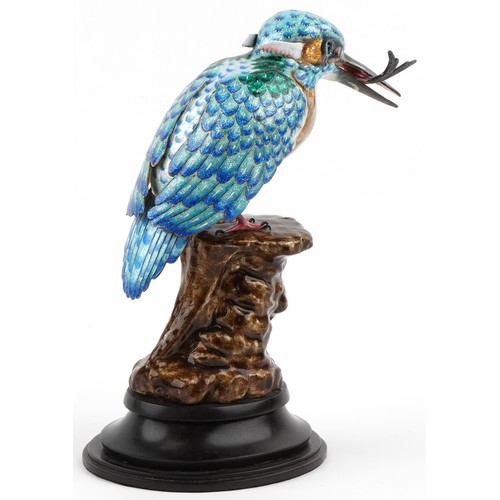  20th century guilloche enamel study of a kingfisher raised on a hardwood base, 23cm high.