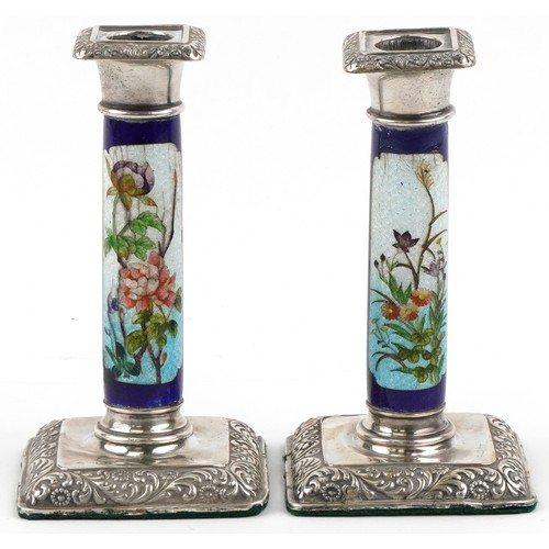 William Hutton & Sons Ltd., pair of Edwardian silver and guilloche enamel candlesticks decorated wit... 