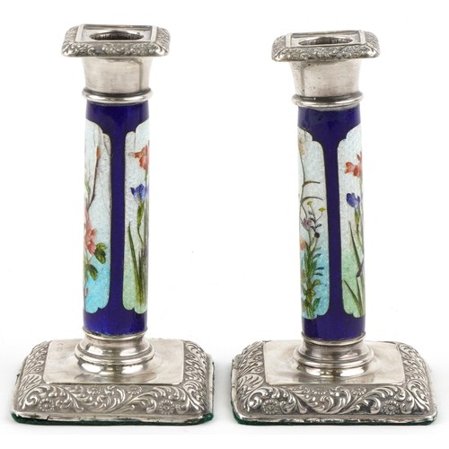  William Hutton & Sons Ltd., pair of Edwardian silver and guilloche enamel candlesticks decorated wit... 