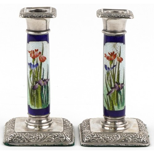  William Hutton & Sons Ltd., pair of Edwardian silver and guilloche enamel candlesticks decorated wit... 