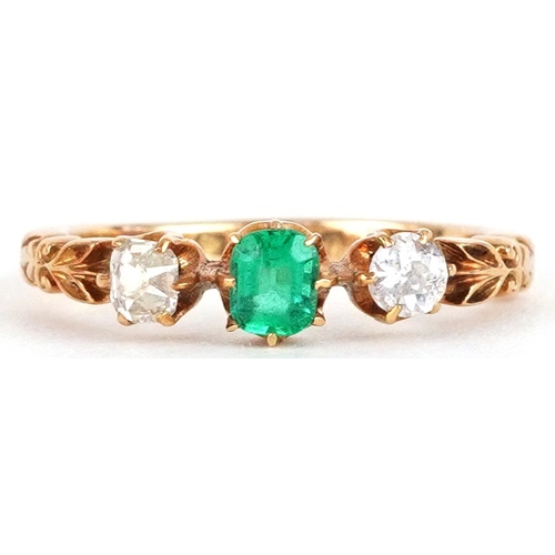 Victorian 18ct gold emerald and diamond three stone ring with ...