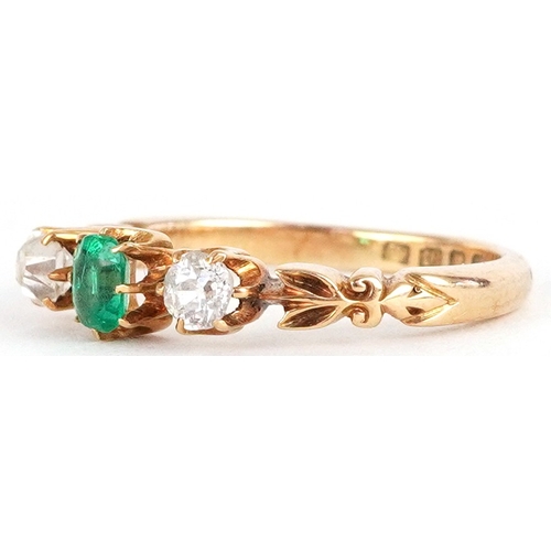 Victorian 18ct gold emerald and diamond three stone ring with ...