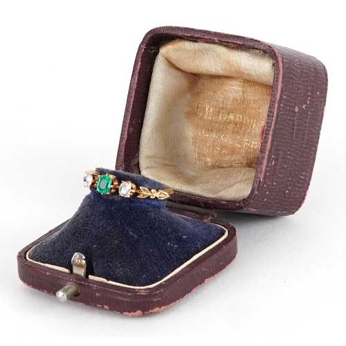 Victorian 18ct gold emerald and diamond three stone ring with ...