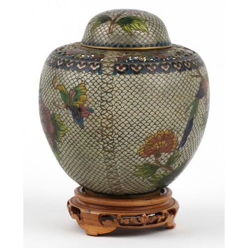  Chinese champlevé enamel pot pourri jar and cover on stand having pierced decoration and decorated w... 