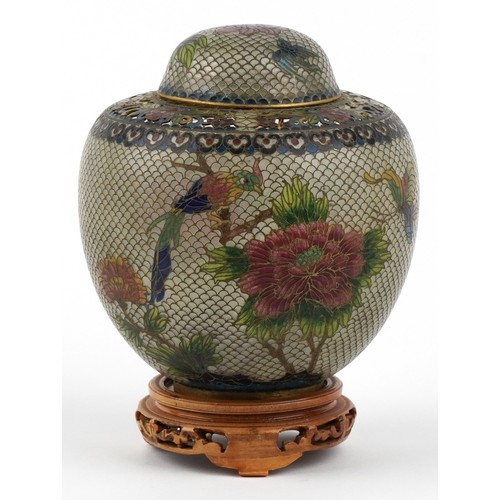  Chinese champlevé enamel pot pourri jar and cover on stand having pierced decoration and decorated w... 