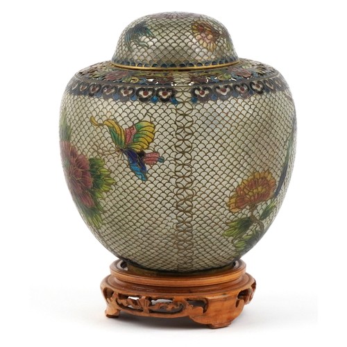  Chinese champlevé enamel pot pourri jar and cover on stand having pierced decoration and decorated w... 
