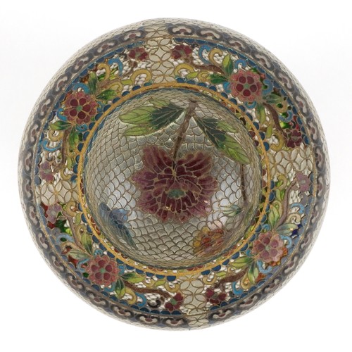  Chinese champlevé enamel pot pourri jar and cover on stand having pierced decoration and decorated w... 