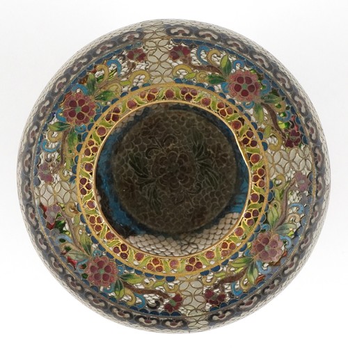  Chinese champlevé enamel pot pourri jar and cover on stand having pierced decoration and decorated w... 