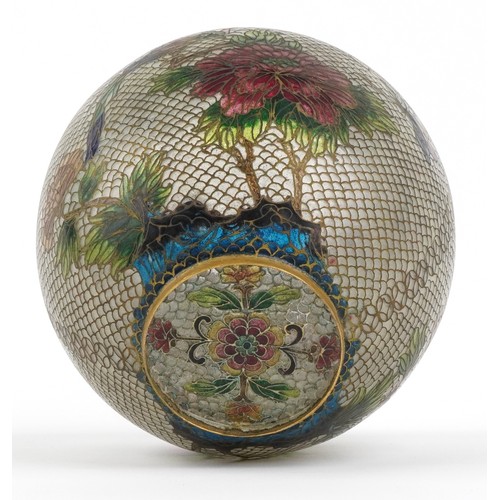  Chinese champlevé enamel pot pourri jar and cover on stand having pierced decoration and decorated w... 
