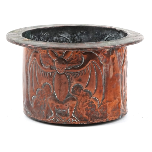  Arts & Crafts copper planter embossed with bats, 15cm high x 26cm in diameter.