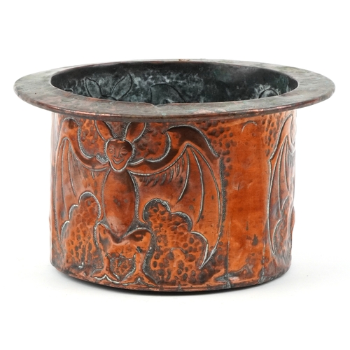  Arts & Crafts copper planter embossed with bats, 15cm high x 26cm in diameter.