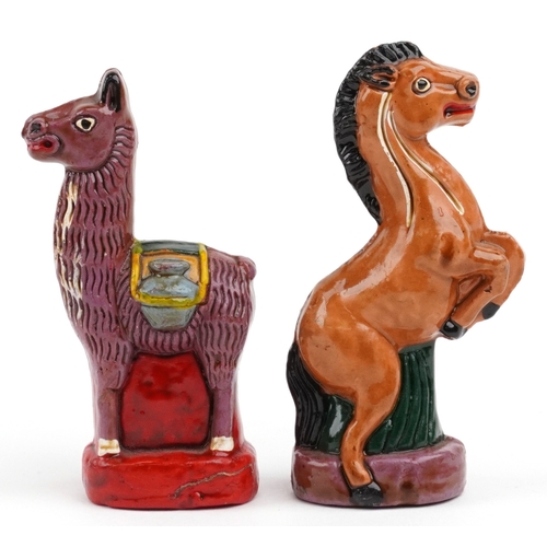  Vintage Mayan style hand painted chess set with folding chess board, the largest piece 9.5cm high, t... 
