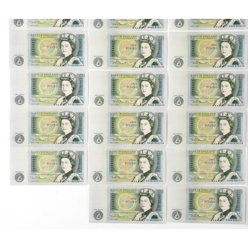  Early 1980s Bank of England one pound notes including concurrent numbers, BW02 878244 - BW02 878259,... 