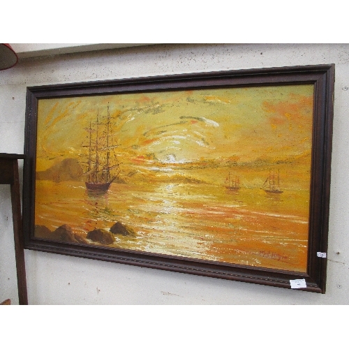 90 - OIL PANTING OF A GALLEON SHIP AT SUNSET IN WOODEN FRAME SIGNED PHIL HAYLE