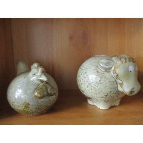 178 - STUDIO POTTERY  COW AND CHICKEN, POTTERY PIG MONEY BOX AND DUCK