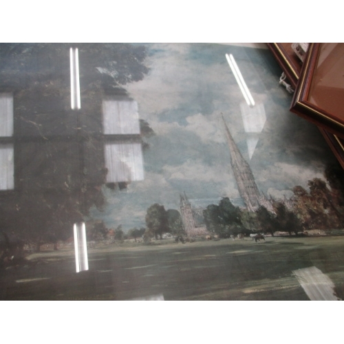 198 - FOUR FRAMED AND GLAZED PRINTS OF CHURCHES AND CATHEDERALS ONE BEING JOHN CONSTABLE A VIEW OF SALISBU... 