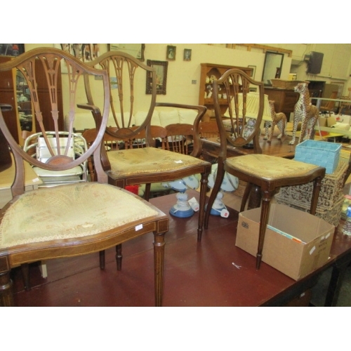 69 - REGENCY SERPENTINE 2 DINING AND 1 CARVER CHAIR, WALNUT INLAID WHEATSHEAF SHIELD BACK