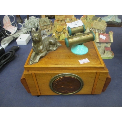 112 - ART DECO WALNUT MUSICAL CIGARETTE DISPENSER INCORPORATING MASTERS DOG AND CALENDER (NEEDS NEW HINGE)... 