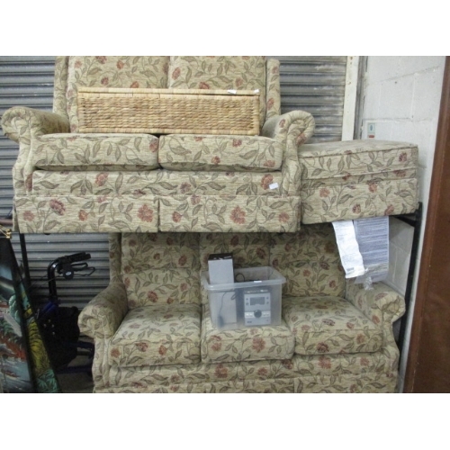349 - A 3 SEATER AND 2 SEATER SOFA AND FOOT STOOL IN CREAM FLORAL PATTERN