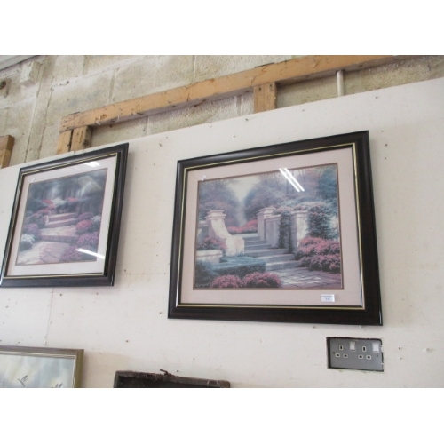 372 - PAIR OF PRINTS FEATURING STEPS IN A GARDEN, FRAMED AND GLAZED