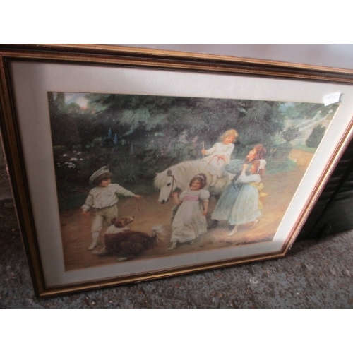 385 - CHILDREN AND PONY PRINT, FRAMED AND GLAZED