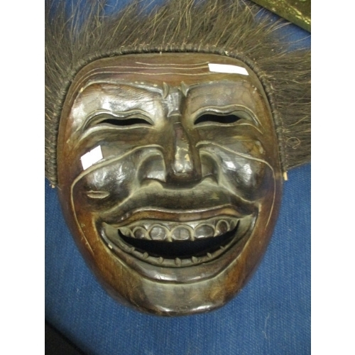 70 - A WOODEN JAPANESE SAMURAI MASK WITH BRUSH EFFECT HAIR