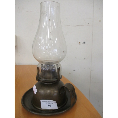 91 - SMALL BRASS OIL LAMP WITH GLASS CHIMNEY