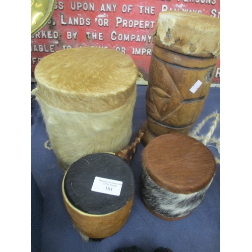 101 - 4 ETHNIC BONGO DRUMS WITH  ANIMAL SKIN COVERS