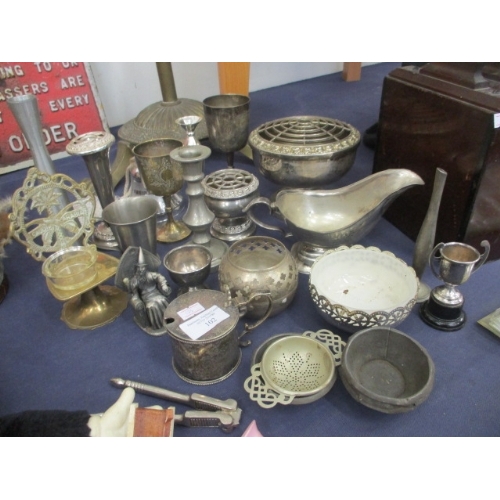 102 - QUANTITY OF SILVER METAL WARES - ROSE BOWLS, TRINKETS, BELL, GRAVY BOAT ETC