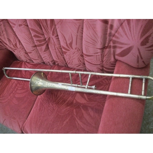 124 - TROMBONE IN SILVER METAL WITH FLORAL ENGRAVING BY G H PACE MAKER, SHEFFIELD WITH CASE