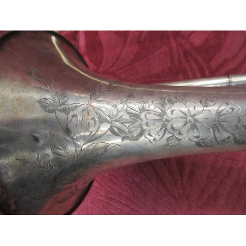 124 - TROMBONE IN SILVER METAL WITH FLORAL ENGRAVING BY G H PACE MAKER, SHEFFIELD WITH CASE