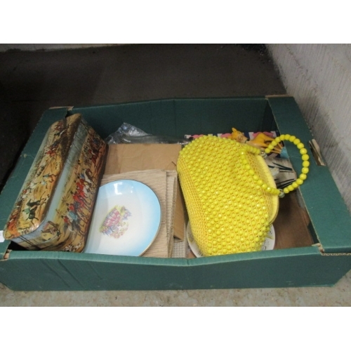 150 - VINTAGE MIXED BOX- YELLOW BEADED HAND BAG, GLASS BABY FEEDER, HUNTING SCENE BISCUIT TIN ETC