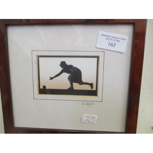 165 - PAIR OF HAND CUT SILHOUETTES FRAMED IN DARK BURR WALNUT AND GLAZED, DEPICTING HIS AND HERS BOWLING