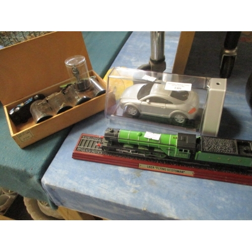 189 - A RADIO CONTROLLED MODEL OF  AN 'AUDI TT' EX DEMO PLUS A SCALE MODEL OF THE FLYING SCOTSMAN RAILWAY ... 