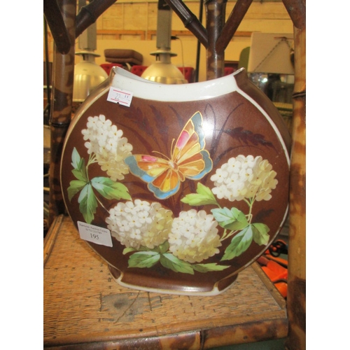 195 - UNUSUAL HAND PAINTED EDWARDIAN CIRCULAR DESIGN VASE WITH FLORAL/BUTTERFLY DETAIL