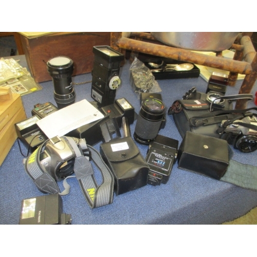 211 - QUANTITY OF CAMERA'S, FLASHES AND LENSES - PENTAX, COBRA,  NIKON ETC