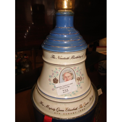 235 - COMMEMORATIVE BELLS WHISKY DECANTER   QUEEN MOTHERS 90TH,  EMPTY PRINCE WILLIAM DECANTER