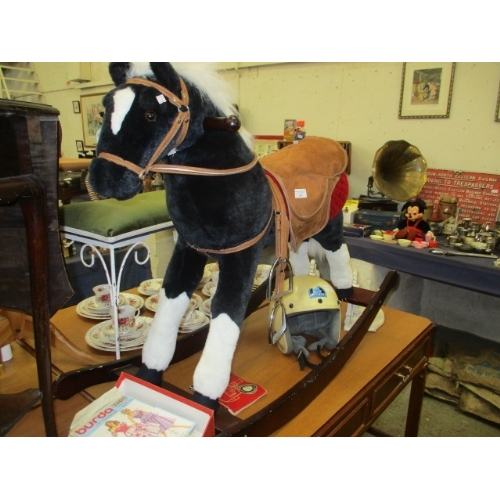 240 - ROCKING HORSE WITH SADDLE AND BRIDLE ON WOODEN BOW ROCKER