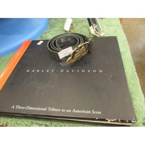 247 - HARLEY DAVIDSON BELT AND HARLEY DAVIDSON THREE DIMENSIONAL TRIBUTE BOOK TO AN AMERICAN ICON