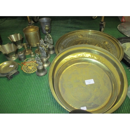 318 - QUANTITY OF BRASSWARE, T-CADDY, BELLS, CANDLESTICKS ETC