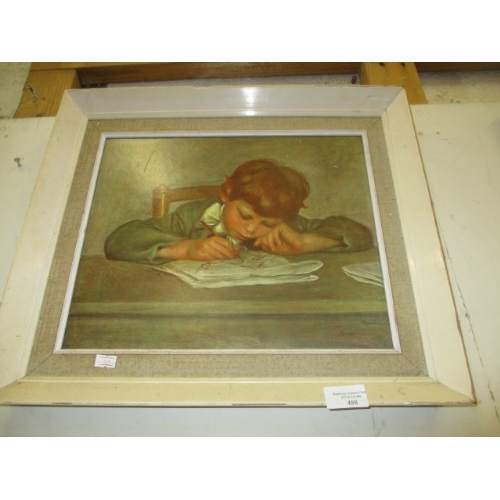 488 - RETRO PRINT OF BOY DOING HOMEWORK, FRAMED