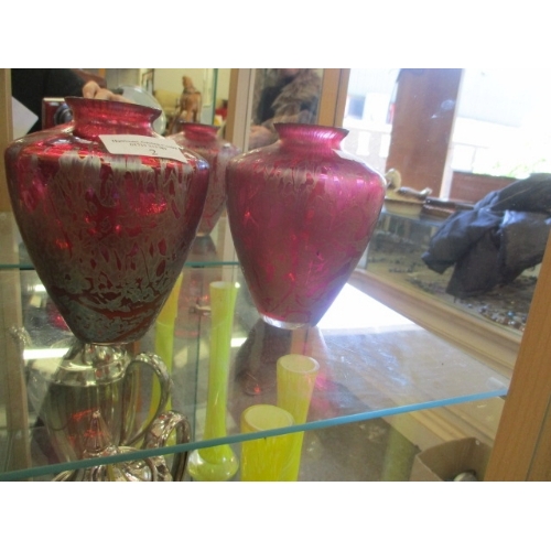 2 - 2 PINK STUDIO VASES, CRANBERRY, SIGNED