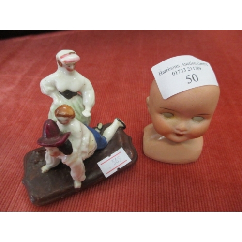 50 - GERMAN DOLLS HEAD 12/0 AND A FAIRING STAFFORDSHIRE  LID