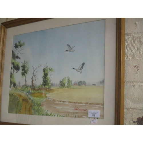 159 - WATERCOLOUR 2 FLYING DUCKS SIGNED BY JOHN BRIDGESTOCK, FRAMED AND GLAZED