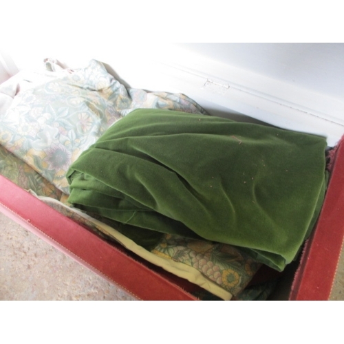 362 - VERY LARGE BLANKET BOX WITH WOODEN TOP FULL OF MIXED CURTAINS