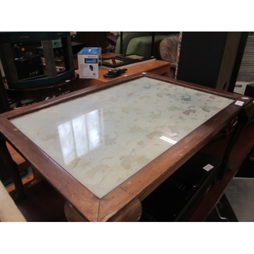 331 - OAK COFFEE TABLE WITH EMBROIDERED SILK UNDER GLASS