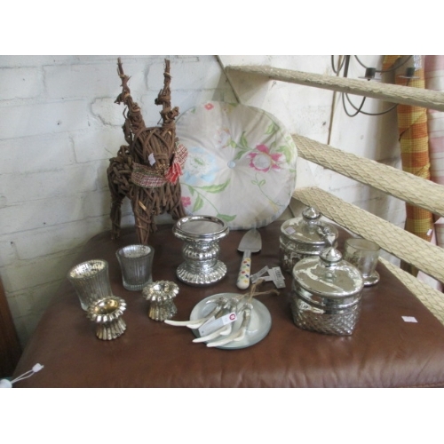 152 - LARGE LOT - METAL WARES, MIRROR, DOLLS, WICKER STARS AND WICKER REINDEER, HEARTS, CHEESE BOARD ETC